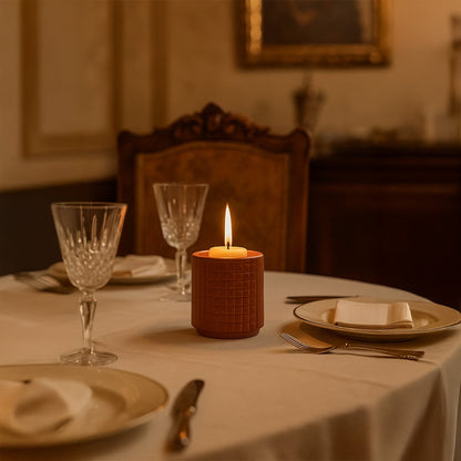 Terracotta textured ceramic candle holder styled in a warm interior setting perfect for living room and cozy home decor.