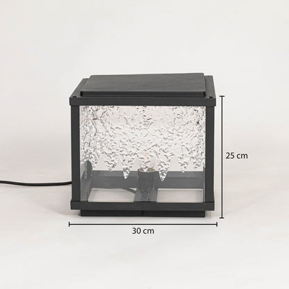 Outdoor wall light in black metal with textured glass showing 25 cm height and 30 cm width for exterior wall lighting.