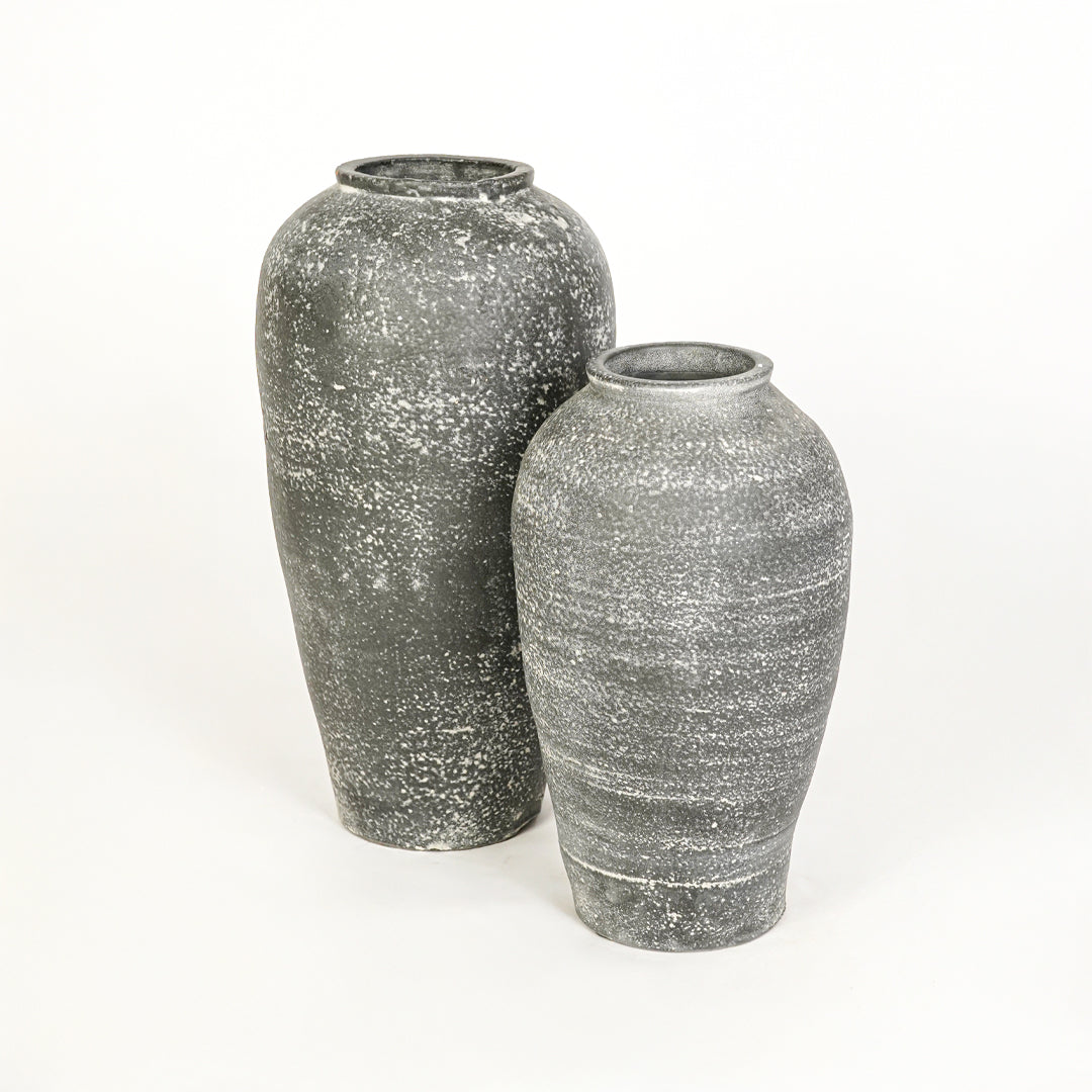 White background image of grey ceramic vase set for elegant floor decor styling with rustic textured finish.