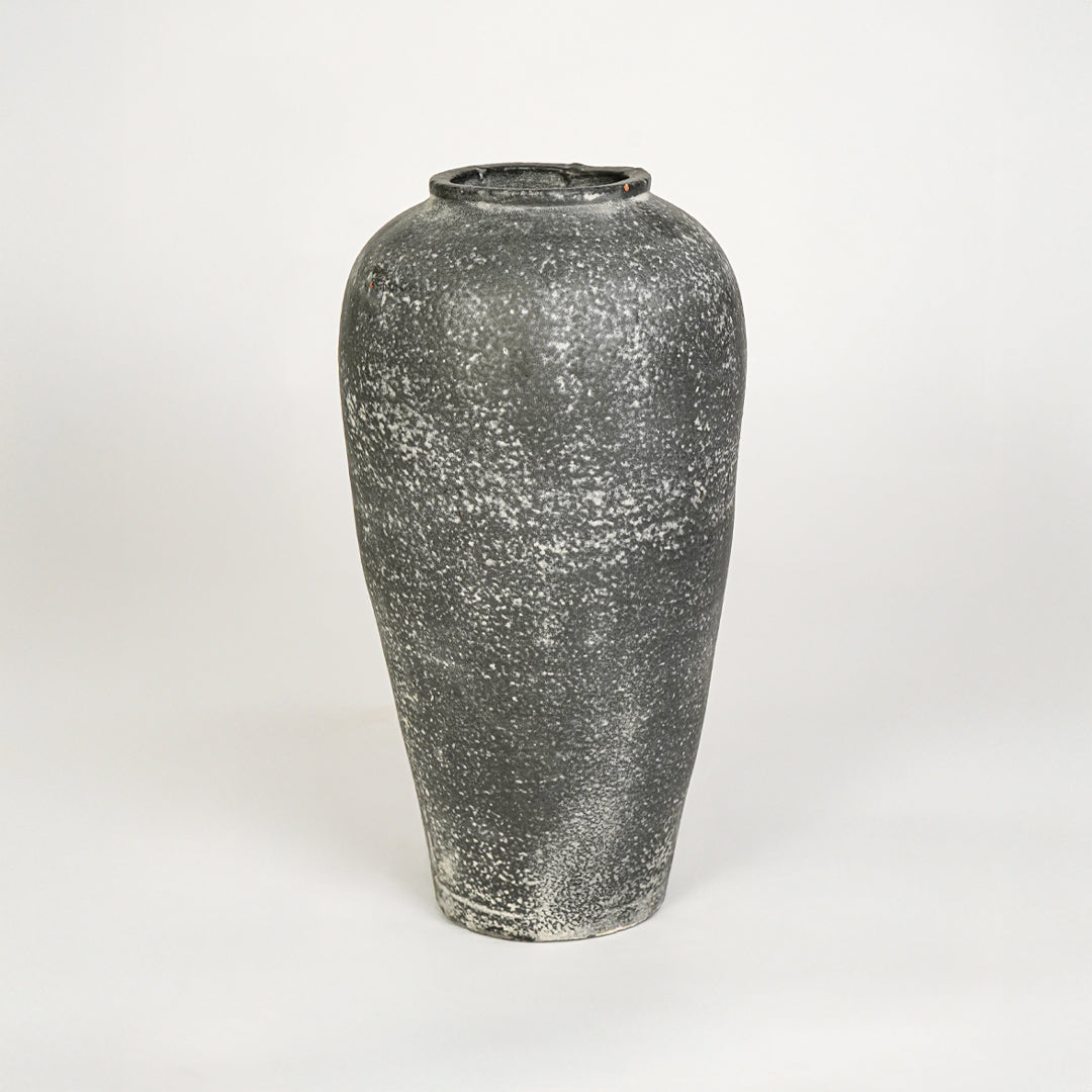 White background image of grey ceramic decorative vase for modern floor placement with rustic matte finish.