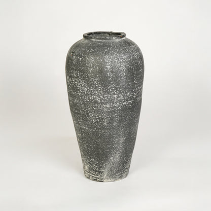 White background image of grey ceramic decorative vase for modern floor placement with rustic matte finish.