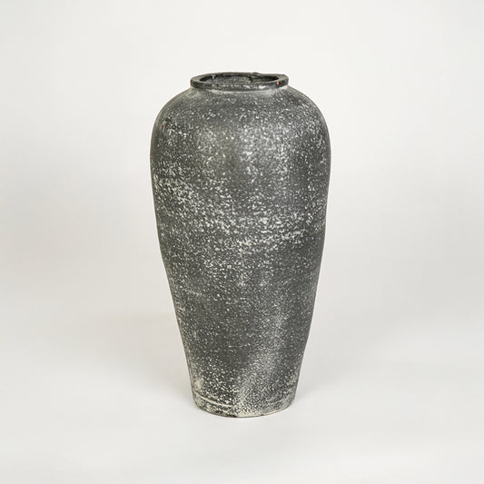 White background image of grey ceramic decorative vase for modern floor placement with rustic matte finish.