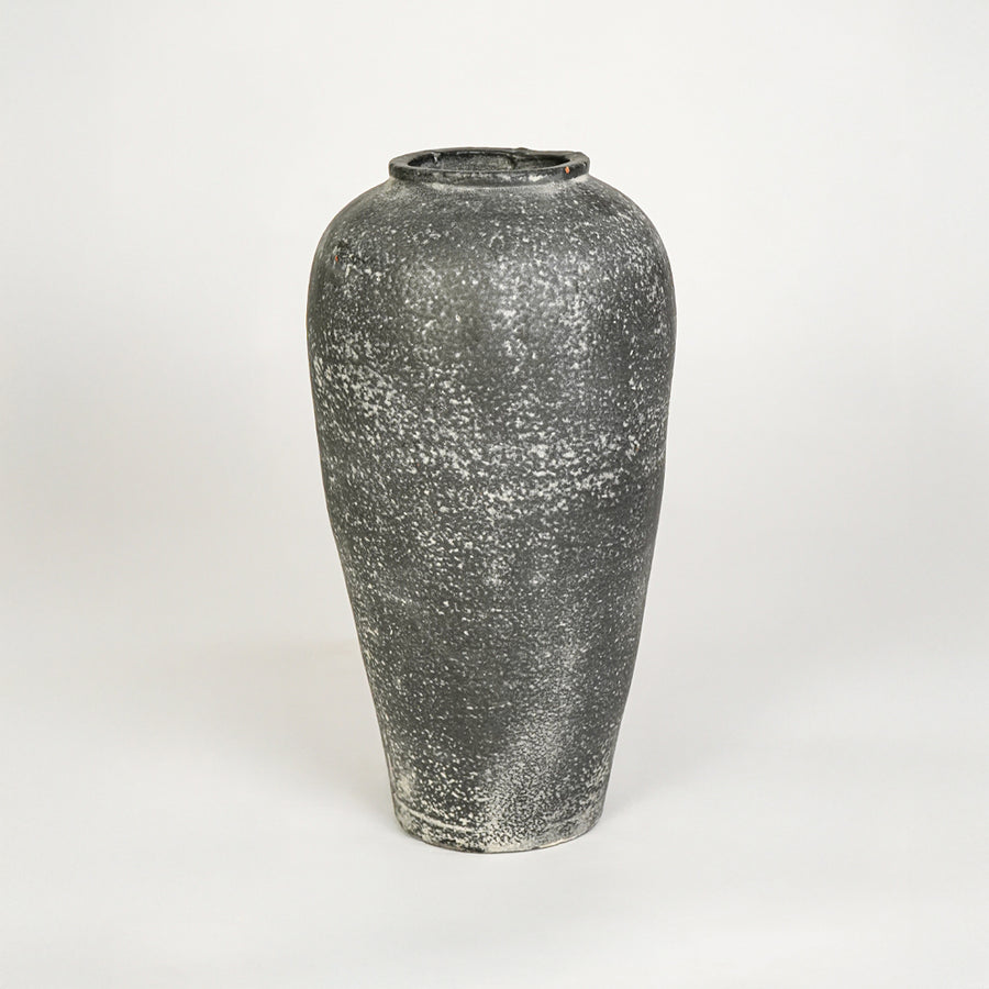White background image of grey ceramic decorative vase for modern floor placement with rustic matte finish.
