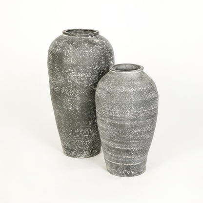 White background image of grey ceramic vase set for modern floor decor styling with rustic matte finish.