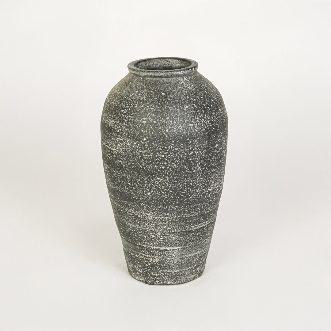White background image of grey ceramic decorative vase for elegant floor placement with matte textured finish.