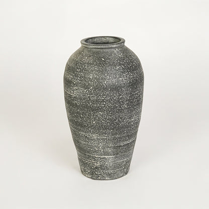 White background image of grey ceramic decorative vase for elegant floor placement with matte textured finish.