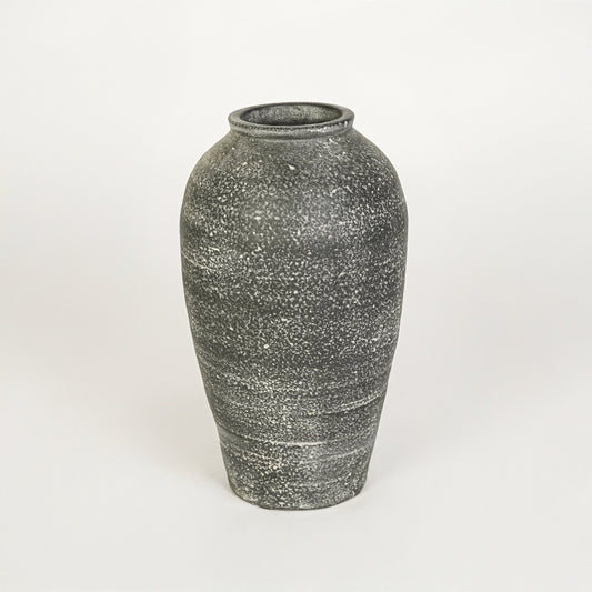 White background image of grey ceramic decorative vase for elegant floor placement with matte textured finish.