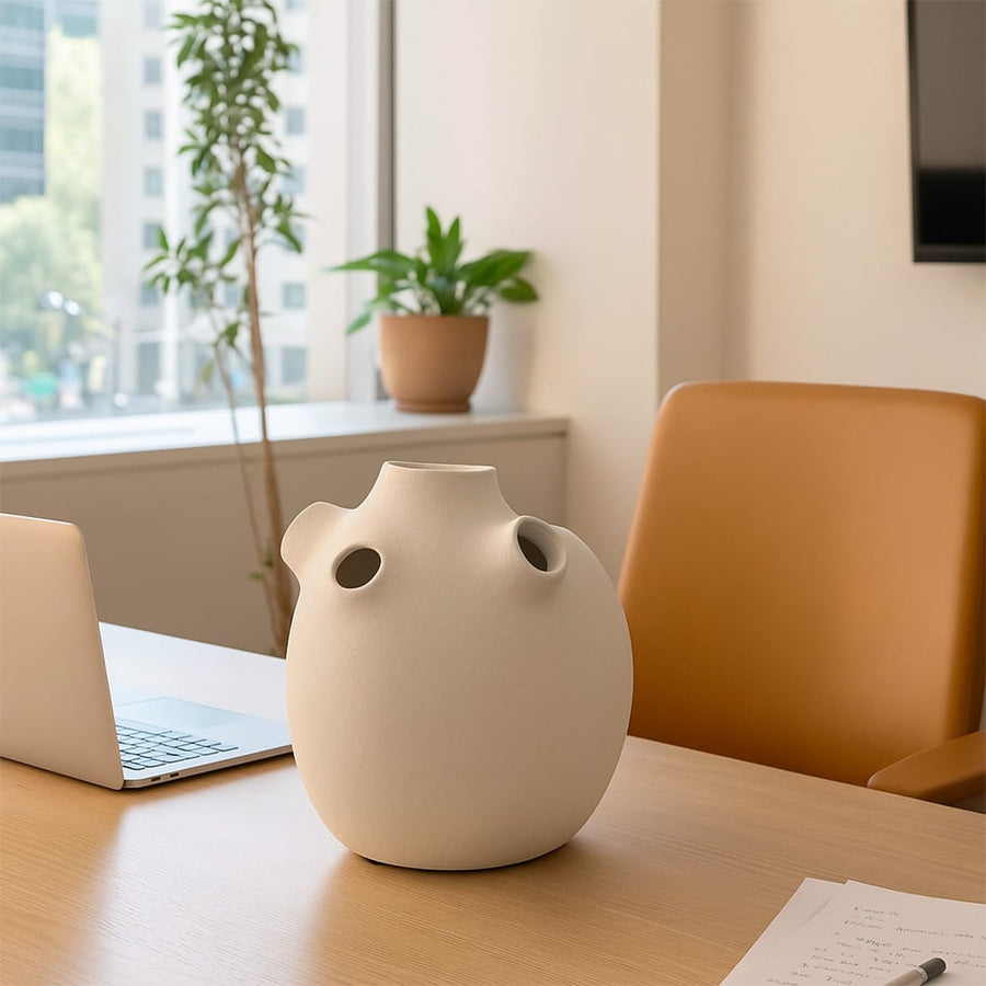 White sculptural ceramic vase with a smooth matte finish and organic round shape displayed on a wooden office desk.