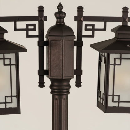 Closeup of vintage outdoor street lamp with geometric lantern detailing for luxury exterior decor use.