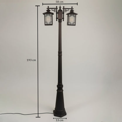 Vintage outdoor street lamp dimension image with 123 cm height and 58 cm width for garden decor use.