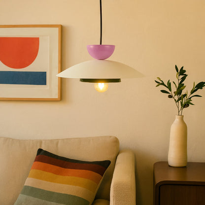 Multicolor metal pendant light with white shade green ring and purple top adding playful modern style to living room decor.