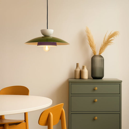 Multicolor metal pendant light with green dome purple ring and white top adding playful modern style to living room decor.