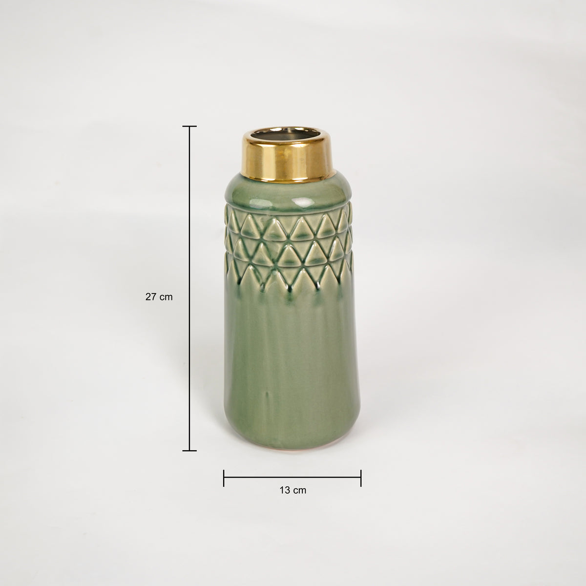 Dimension image of olive grey green gold ceramic vase for elegant tabletop decor styling highlighting modern smooth finish.