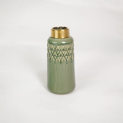 Dimension image of green gold ceramic vase for elegant tabletop decor styling with modern smooth decorative finish setup.