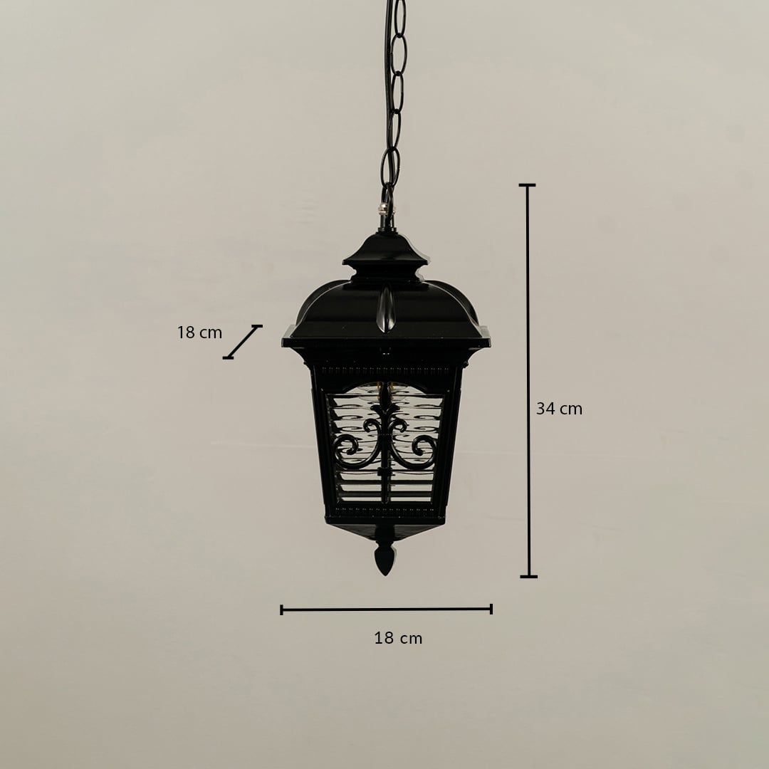 A detailed measurement view of the black hanging lantern showing its 34 cm height and 18 cm width with a clear display of frame structure and patterned glass panels.