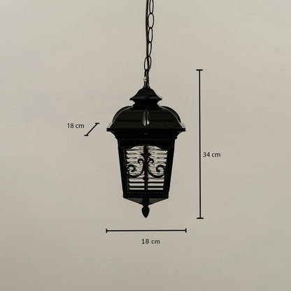 A detailed measurement view of the black hanging lantern showing its 34 cm height and 18 cm width with a clear display of frame structure and patterned glass panels.