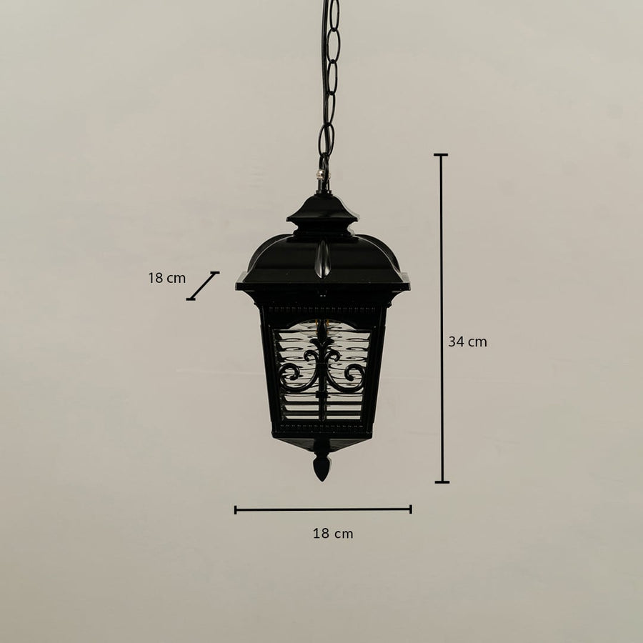 A detailed measurement view of the black hanging lantern showing its 34 cm height and 18 cm width with a clear display of frame structure and patterned glass panels.