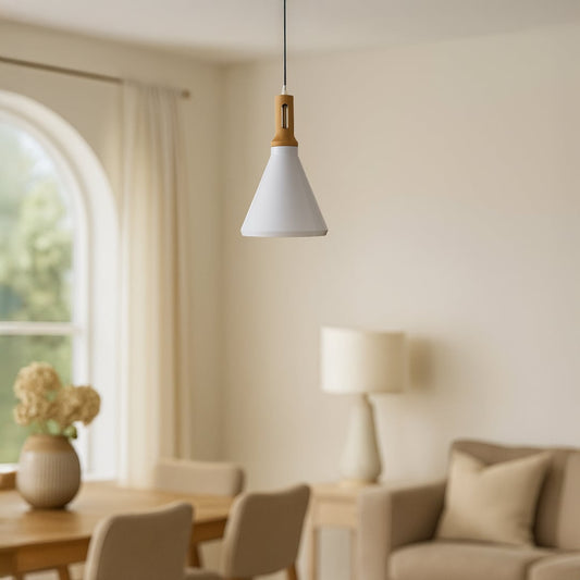 Nordic pendant light hanging gracefully in a warm dining room adding modern minimal charm to cozy interiors.