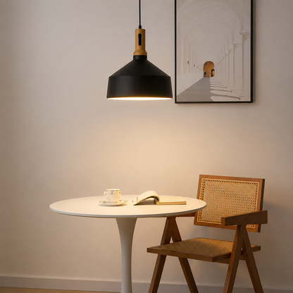 Lifestyle image of olov wood top scandinavian style pendant light for elegant dining room decor styling and home lighting.