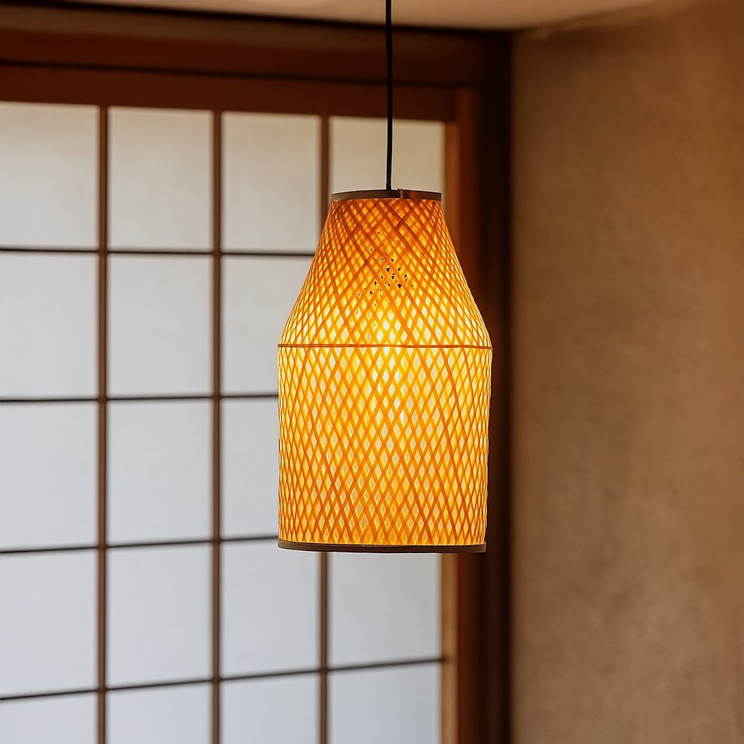 Cylindrical woven bamboo pendant light glowing warmly in a serene room against a minimalist wooden frame window during the peaceful daytime.