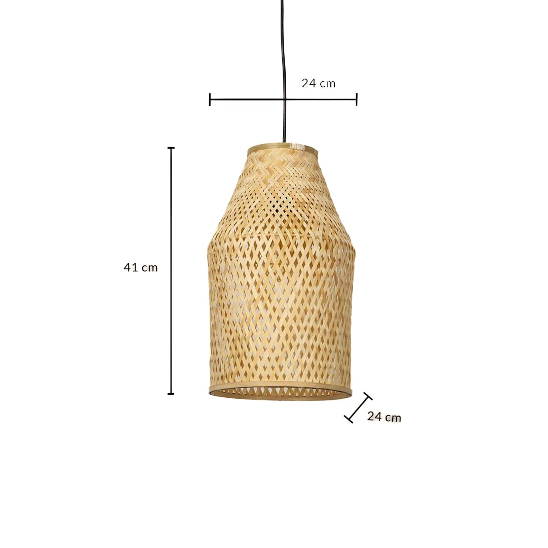 Handwoven rattan pendant lamp showing 45 cm height 25 cm width and 7 cm canopy size suitable for dining or living room ceiling use.