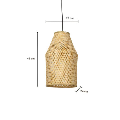Handwoven rattan pendant lamp showing 45 cm height 25 cm width and 7 cm canopy size suitable for dining or living room ceiling use.
