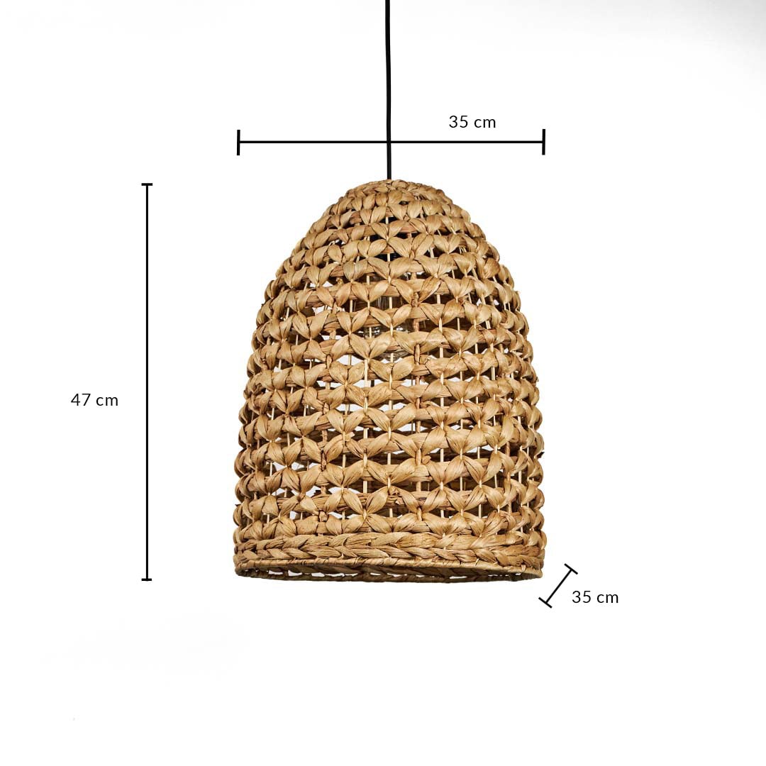 Dimension image of thick braided water hyacinth dome pendant light fixture showing 47 cm height and 35 cm width.