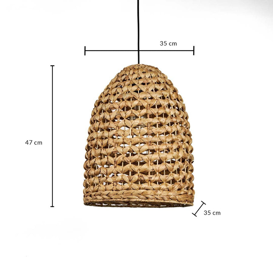 Dimension image of thick braided water hyacinth dome pendant light fixture showing 47 cm height and 35 cm width.