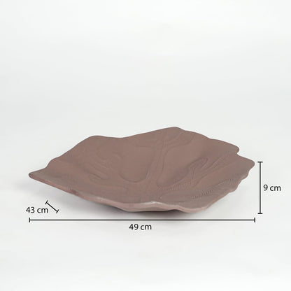 Brown ceramic decorative platter measuring 49 cm length 43 cm width and 9 cm height ideal for table styling.