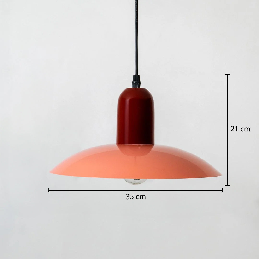 Coral and burgundy metal pendant light dimension image with 35 cm width and 21 cm height for vibrant dining placement.