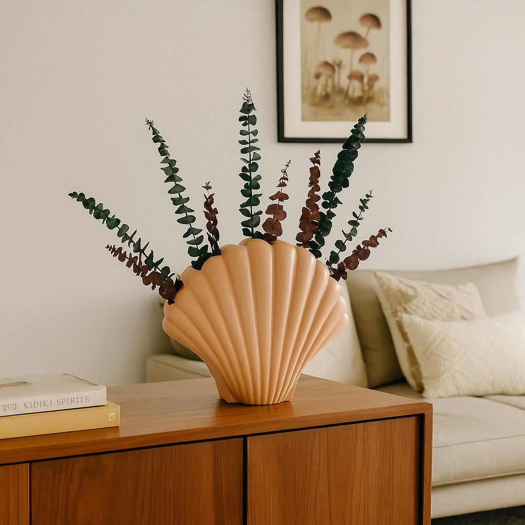Soft pastel shell shaped vase styled in a clean minimal setting creating a calm decorative look for modern home styling.