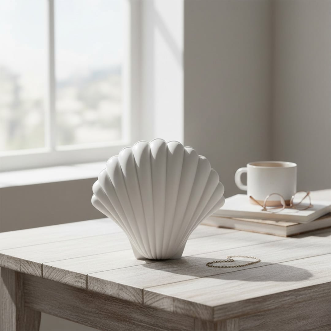 White shell shaped decorative sculpture styled in a soft minimal scene adding coastal modern elegance to home decor.