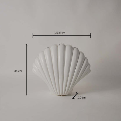 White shell decorative sculpture shown with 34 cm height 39.5 cm width and 20 cm depth offering a clear accurate size reference.