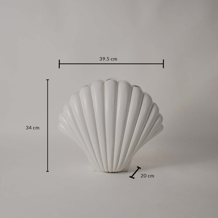 White shell decorative sculpture shown with 34 cm height 39.5 cm width and 20 cm depth offering a clear accurate size reference.