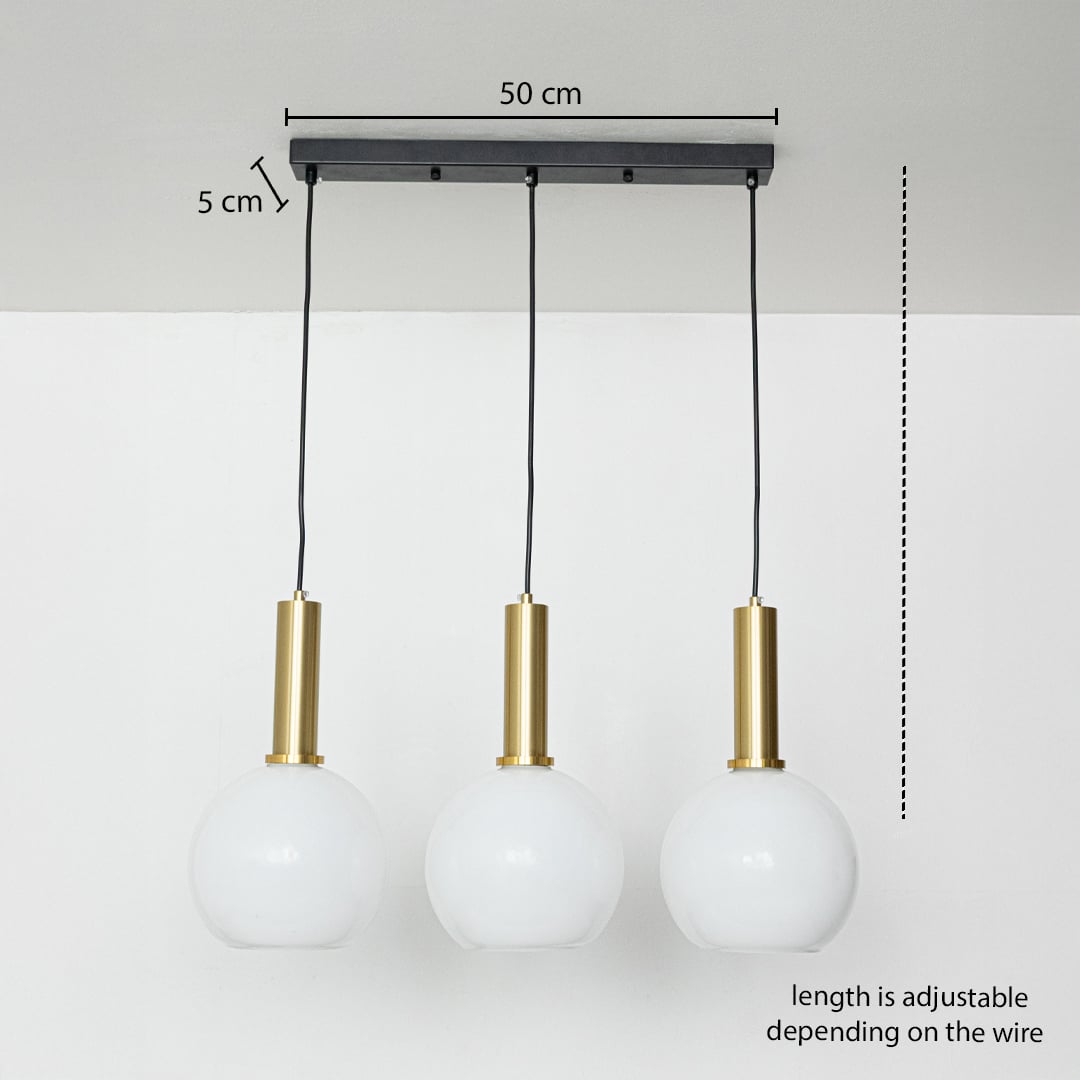 Adjustable white globe pendant light set with gold metal holders shown with a clear hanging height guide for accurate lighting display.