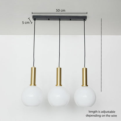Adjustable white globe pendant light set with gold metal holders shown with a clear hanging height guide for accurate lighting display.