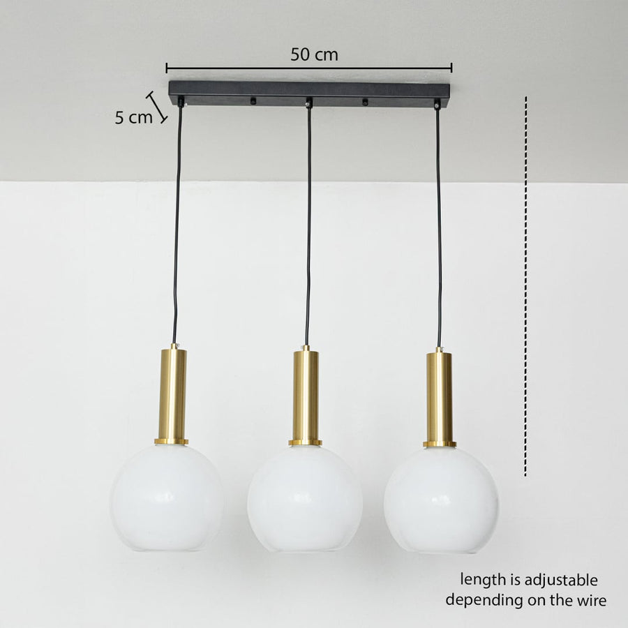 Adjustable white globe pendant light set with gold metal holders shown with a clear hanging height guide for accurate lighting display.