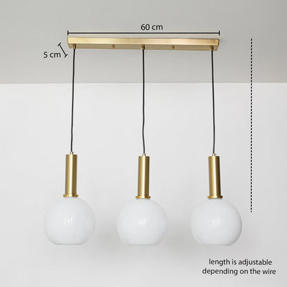 Gold and white glass pendant lights with adjustable wire length shown with accurate measurement details.