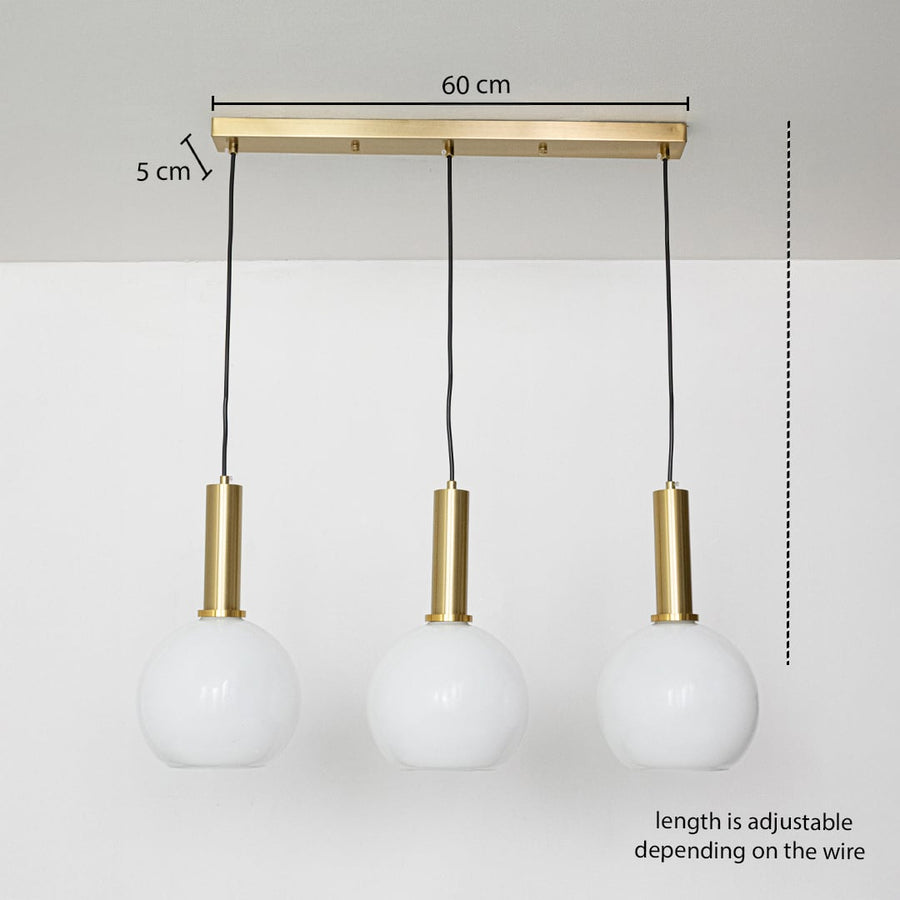 Gold and white glass pendant lights with adjustable wire length shown with accurate measurement details.