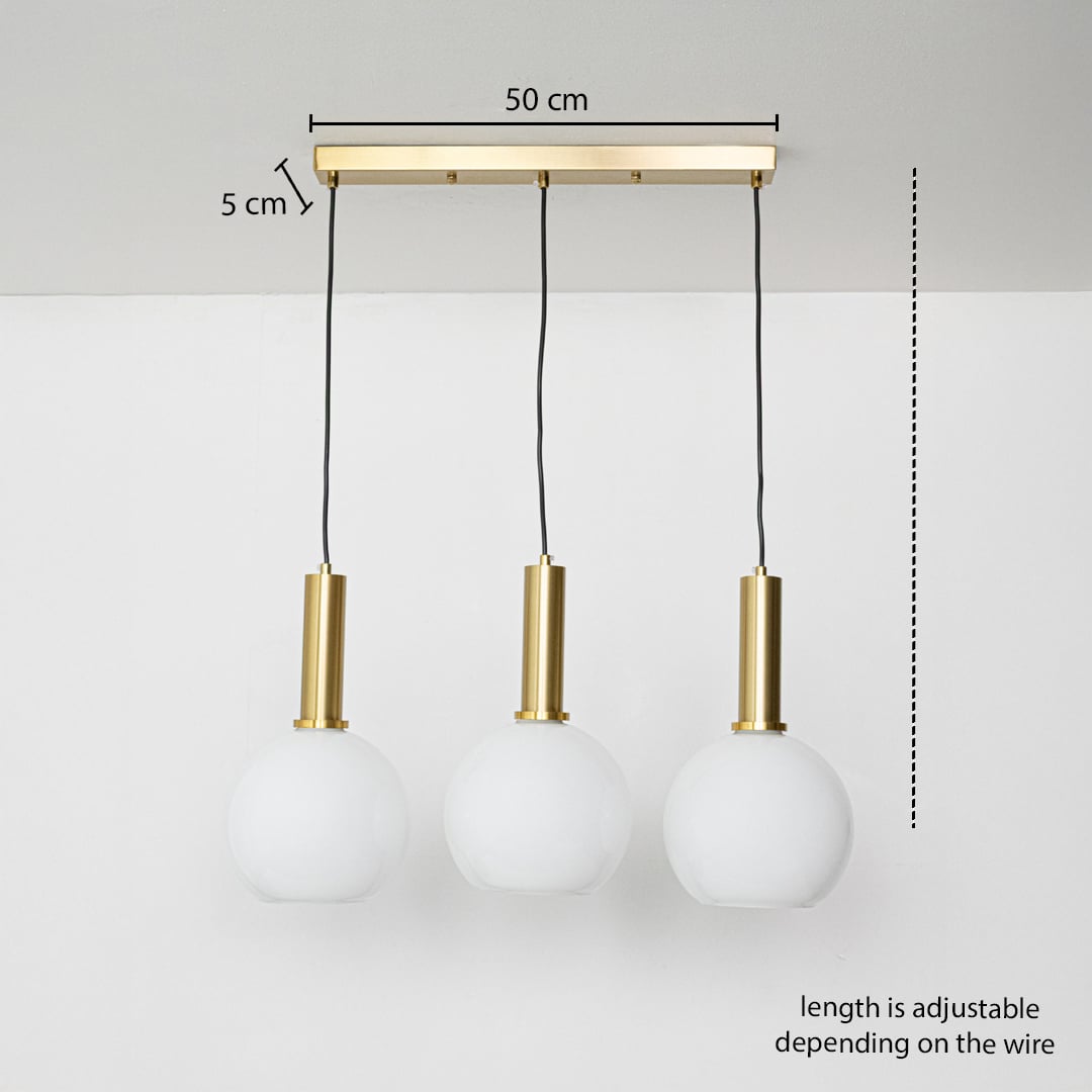 Adjustable white globe pendant light set with gold metal holders shown with a clear hanging height guide for accurate lighting display.