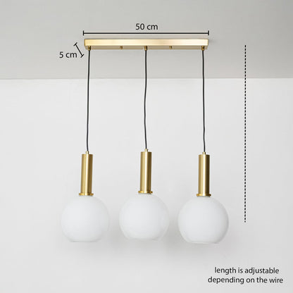 Adjustable white globe pendant light set with gold metal holders shown with a clear hanging height guide for accurate lighting display.