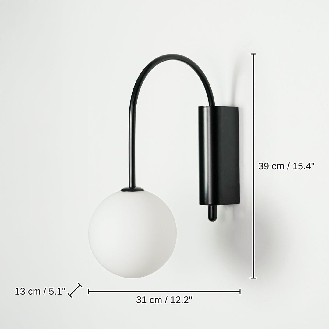 Minimal black wall light with white glass globe shade, 39 x 31 x 13 cm (15.4 x 12.2 x 5.1 inches) dimensions