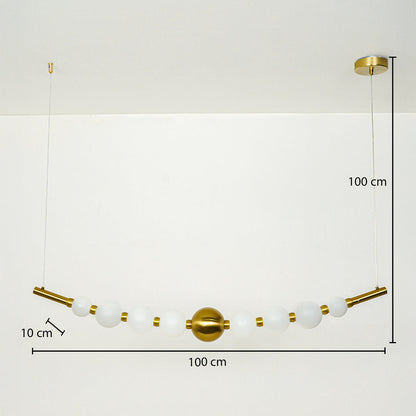 Modern linear pendant light with white glass globes and gold accents suspended on cable 100 cm width 100 cm height 10 cm depth ideal for dining or kitchen lighting.