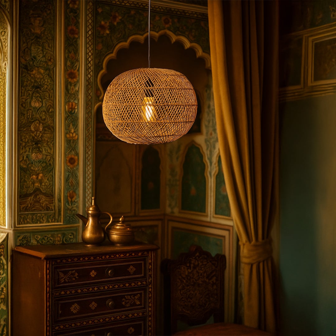 Round rattan pendant light adding natural charm and warmth to interiors with its woven handcrafted design.