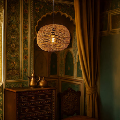 Round rattan pendant light adding natural charm and warmth to interiors with its woven handcrafted design.