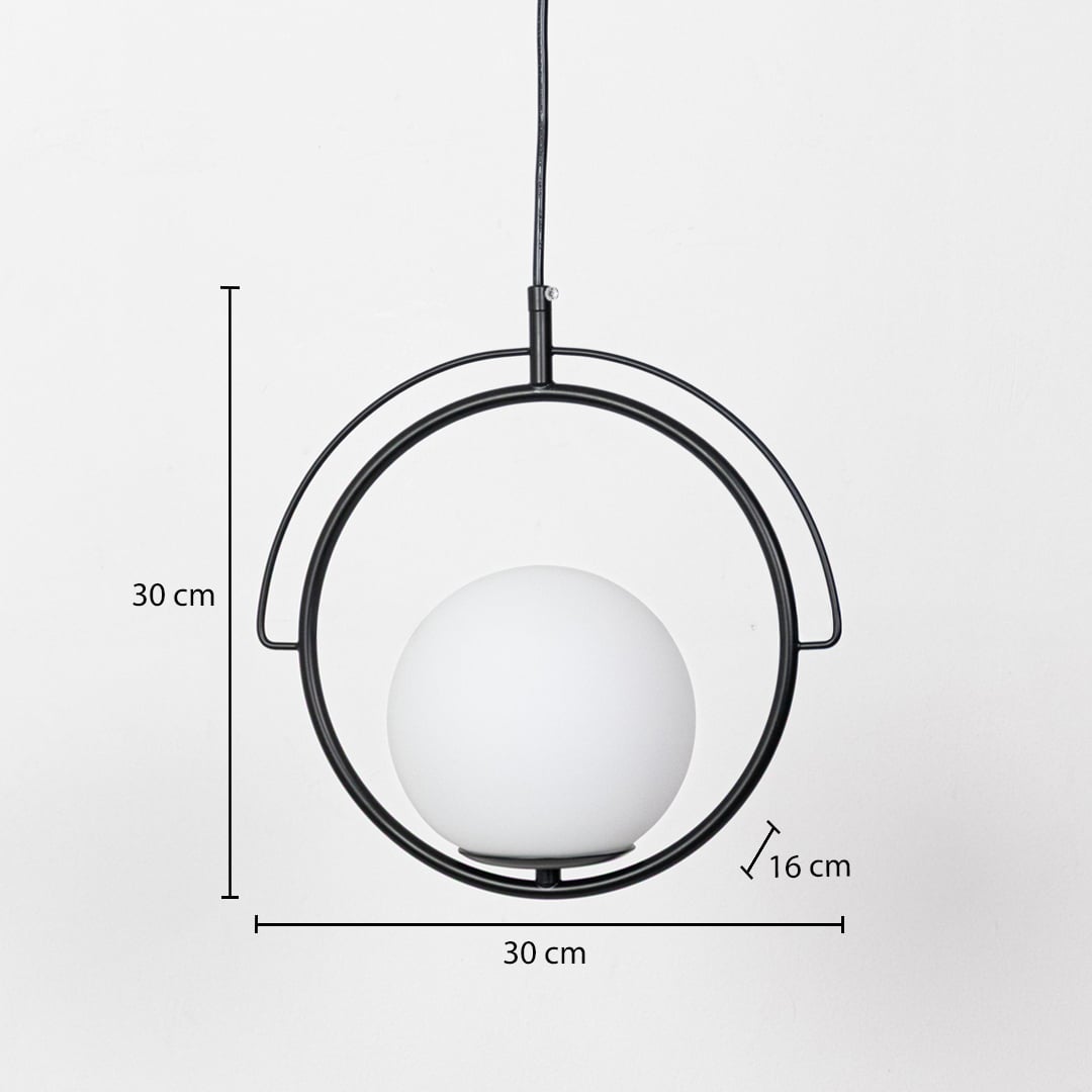 Black metal ring and frosted glass pendant light dimension image with 30 cm width and 30 cm height for modern bedside placement.