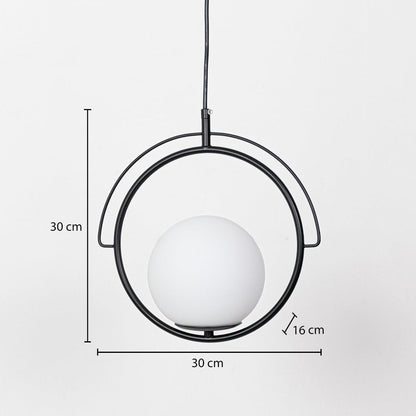 Black metal ring and frosted glass pendant light dimension image with 30 cm width and 30 cm height for modern bedside placement.