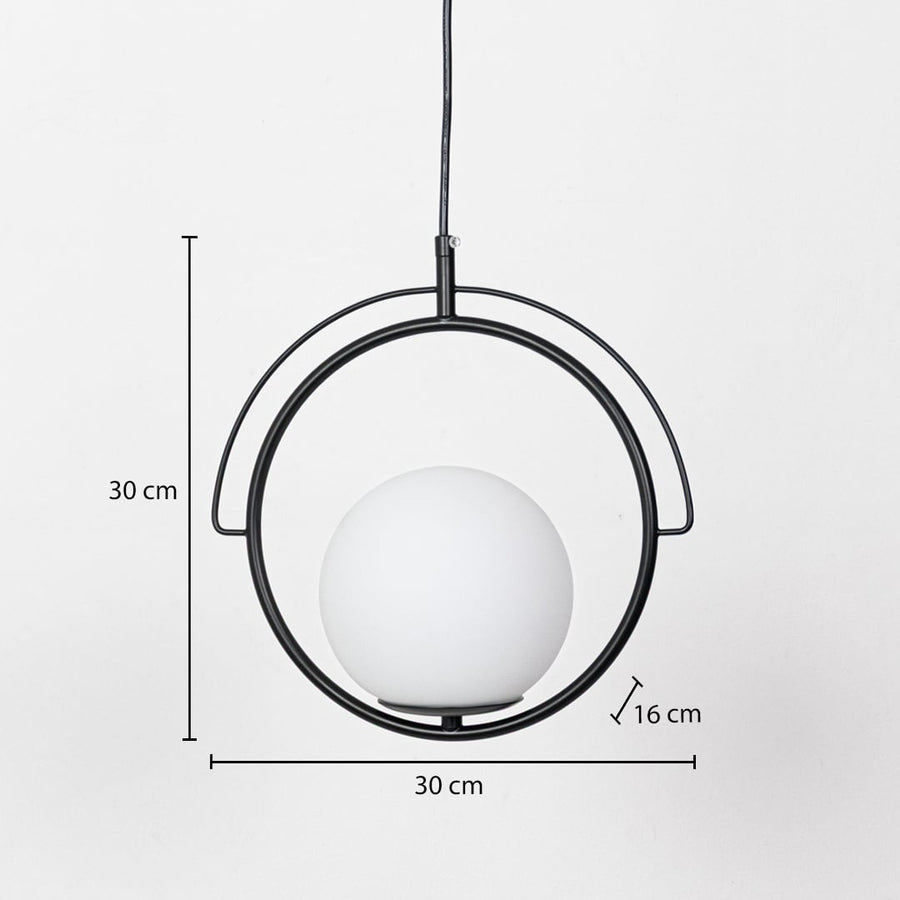 Black metal ring and frosted glass pendant light dimension image with 30 cm width and 30 cm height for modern bedside placement.