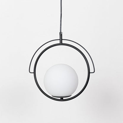 Black metal and white glass ring pendant light designed for contemporary home decor spaces.