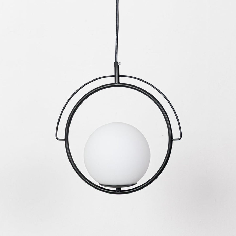 Black metal and white glass ring pendant light designed for contemporary home decor spaces.